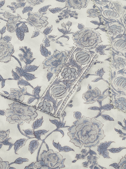 Sky Blue Floral HandBlock Printed Cotton Straight Kurta, trousers with Dupatta Set
