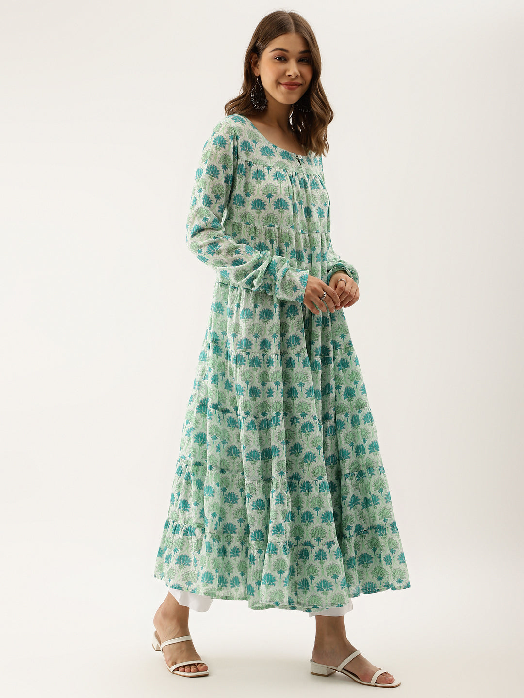 Green Handblock Floral Printed Cotton Kurta set with Dupatta