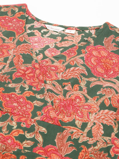 Grey Pink Floral Party Wear Printed Cotton Fit & Flare Mini Dress