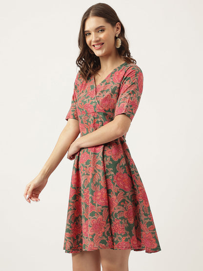 Grey Pink Floral Party Wear Printed Cotton Fit & Flare Mini Dress