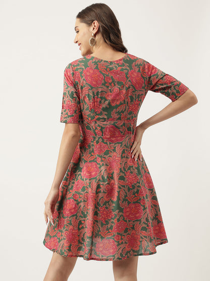 Grey Pink Floral Party Wear Printed Cotton Fit & Flare Mini Dress