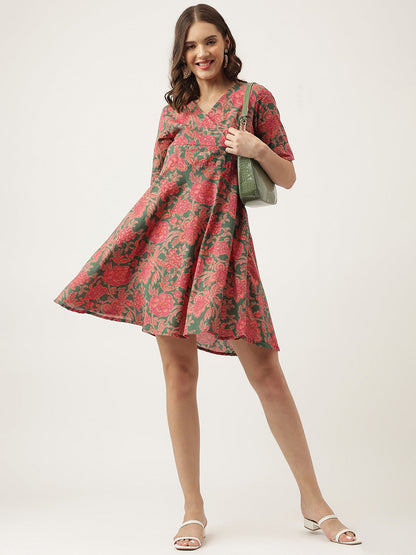 Grey Pink Floral Party Wear Printed Cotton Fit & Flare Mini Dress