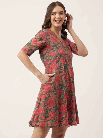 Grey Pink Floral Party Wear Printed Cotton Fit & Flare Mini Dress