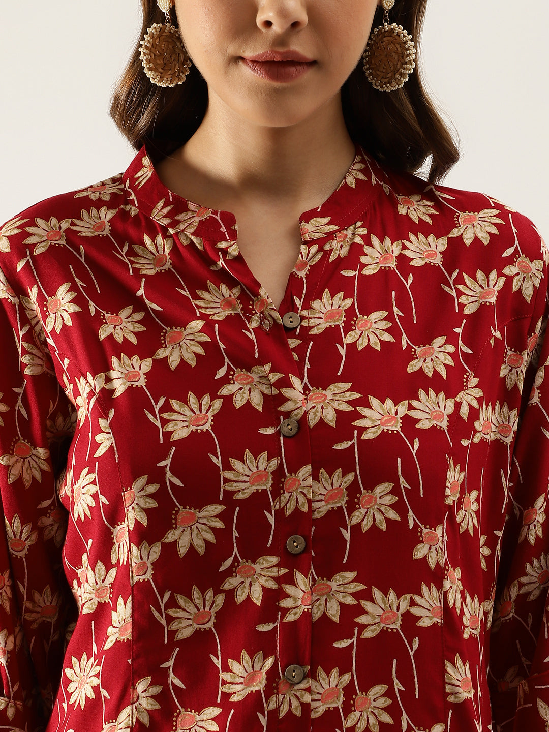 Divena Maroon Floral Printed Rayon Shirt type Top for Women