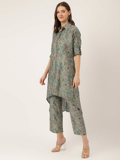 Blue & Green Foil Printed Chanderi Women Co-ord Sets