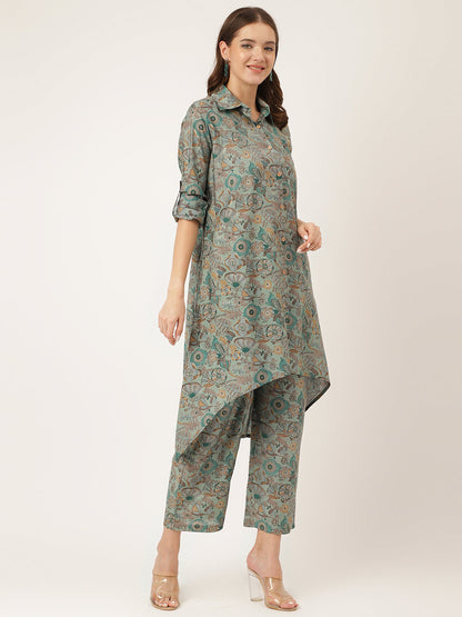 Blue & Green Foil Printed Chanderi Women Co-ord Sets