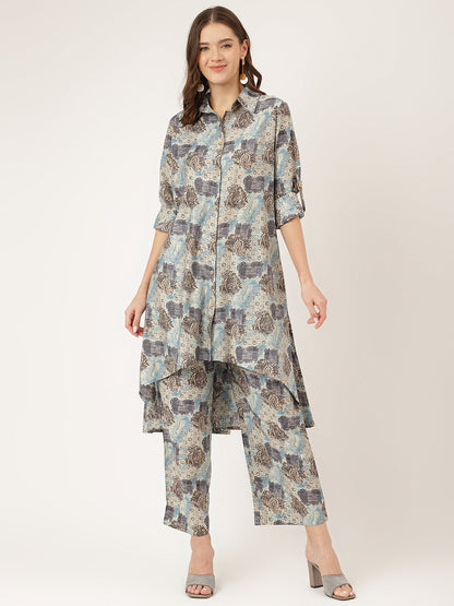 Blue Printed Dyed Kurta Chanderi Co-ord Set For Women