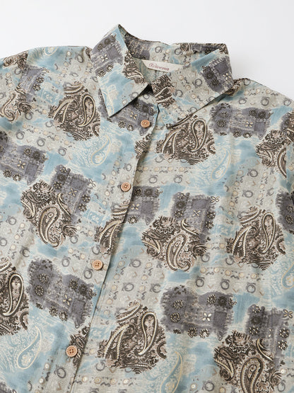 Blue Printed Dyed Kurta Chanderi Co-ord Set For Women