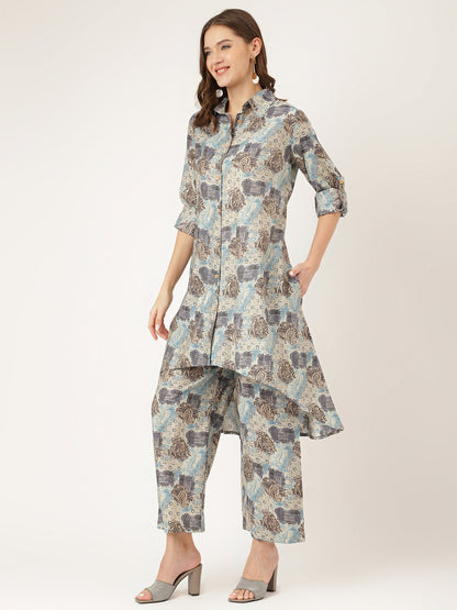 Blue Printed Dyed Kurta Chanderi Co-ord Set For Women