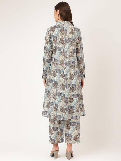 Blue Printed Dyed Kurta Chanderi Co-ord Set For Women