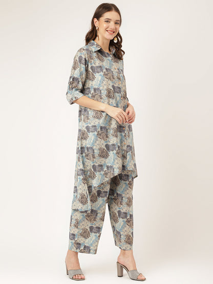 Blue Printed Dyed Kurta Chanderi Co-ord Set For Women