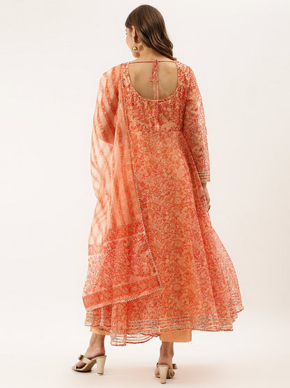 Orange Floral Print Organza Anarkali Kurta set with Dupatta