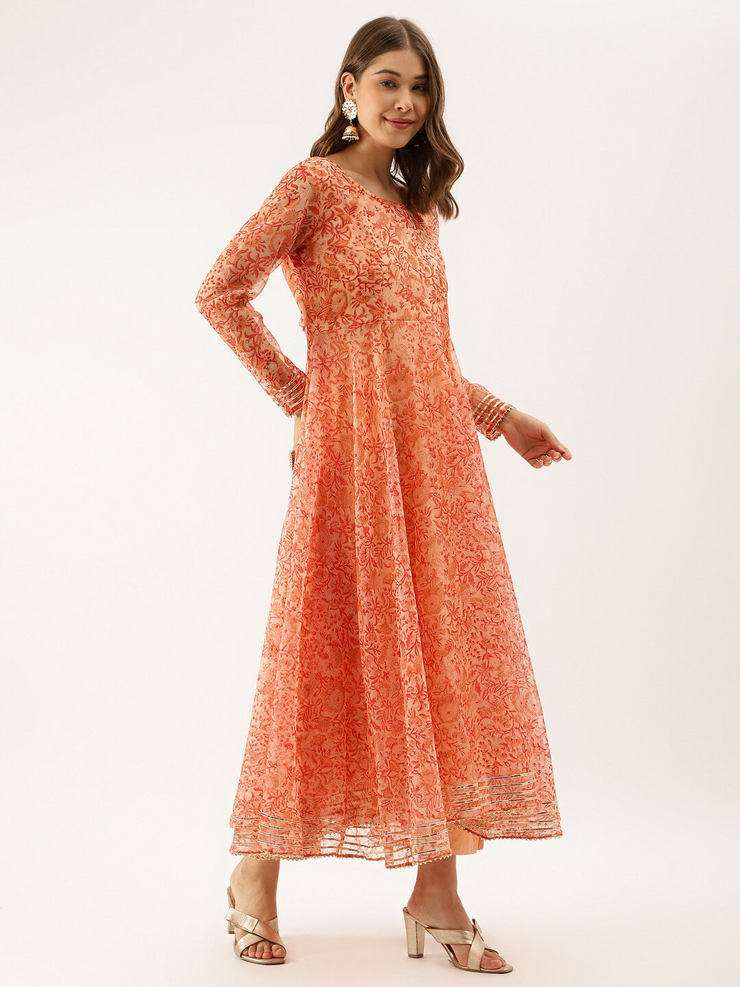 Orange Floral Print Organza Anarkali Kurta set with Dupatta