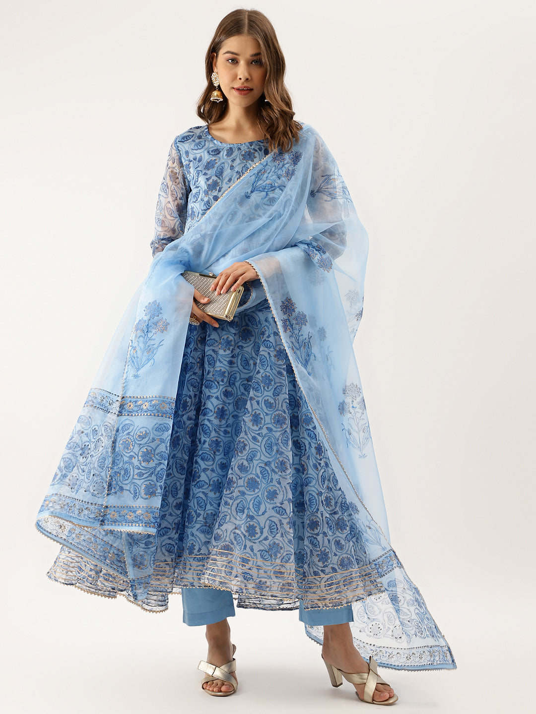 Sky Blue Floral Printed Organza Anarkali Kurta Dupatta Set with Cotton Lining