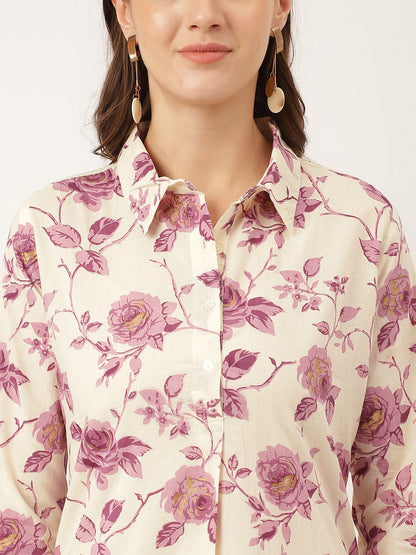 Purple Floral Print Cotton Co-ord Set With Dyed Kurta For Women