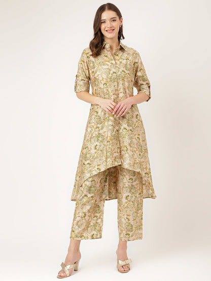 Green Printed Chanderi Women Co-ord Set With Green Dyed Trousers