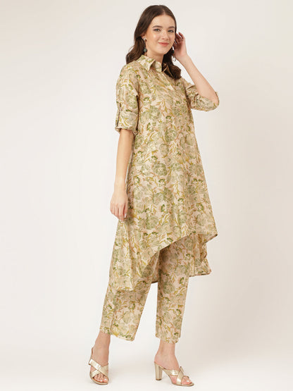 Green Printed Chanderi Women Co-ord Set With Green Dyed Trousers