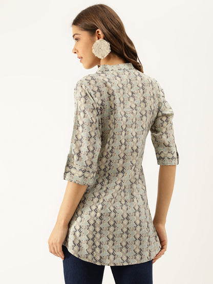 Divena Sea Green Printed  Chanderi Regular Top