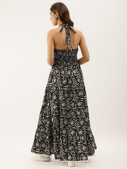 Black Floral Printed Cotton Ethnic Party Wear Dress for Women