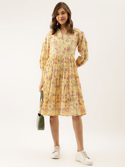 Yellow Floral Printed Cotton Party Wear Dress for Women