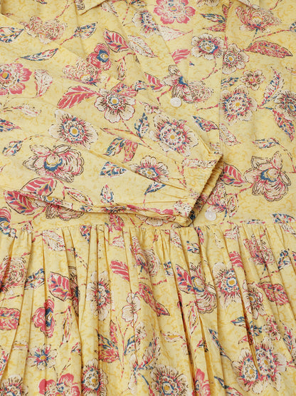 Yellow Floral Printed Cotton Party Wear Dress for Women