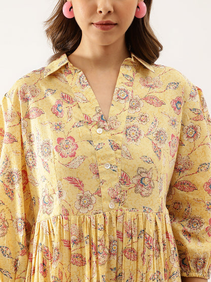 Yellow Floral Printed Cotton Party Wear Dress for Women