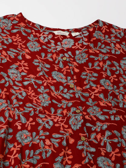Maroon Party Wear Floral Printed Cotton Ethnic Dress for Women