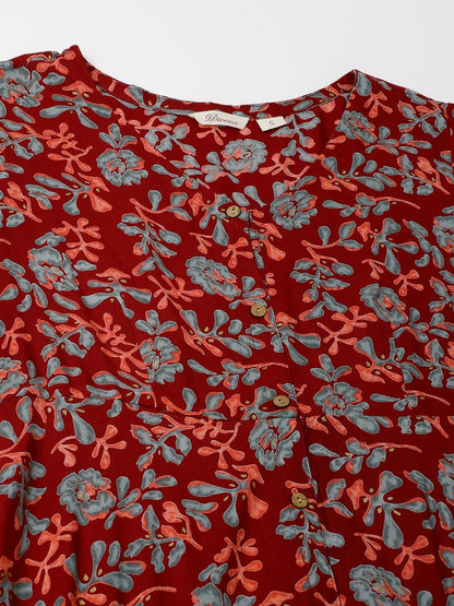 Maroon Party Wear Floral Printed Cotton Ethnic Dress for Women
