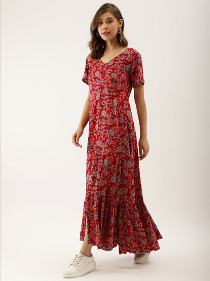 Maroon Party Wear Floral Printed Cotton Ethnic Dress for Women