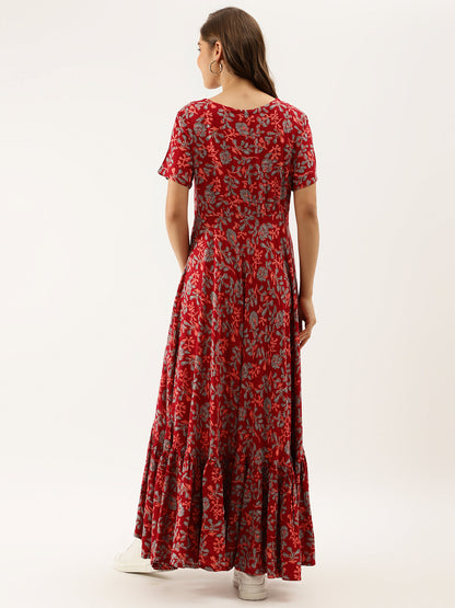 Maroon Party Wear Floral Printed Cotton Ethnic Dress for Women