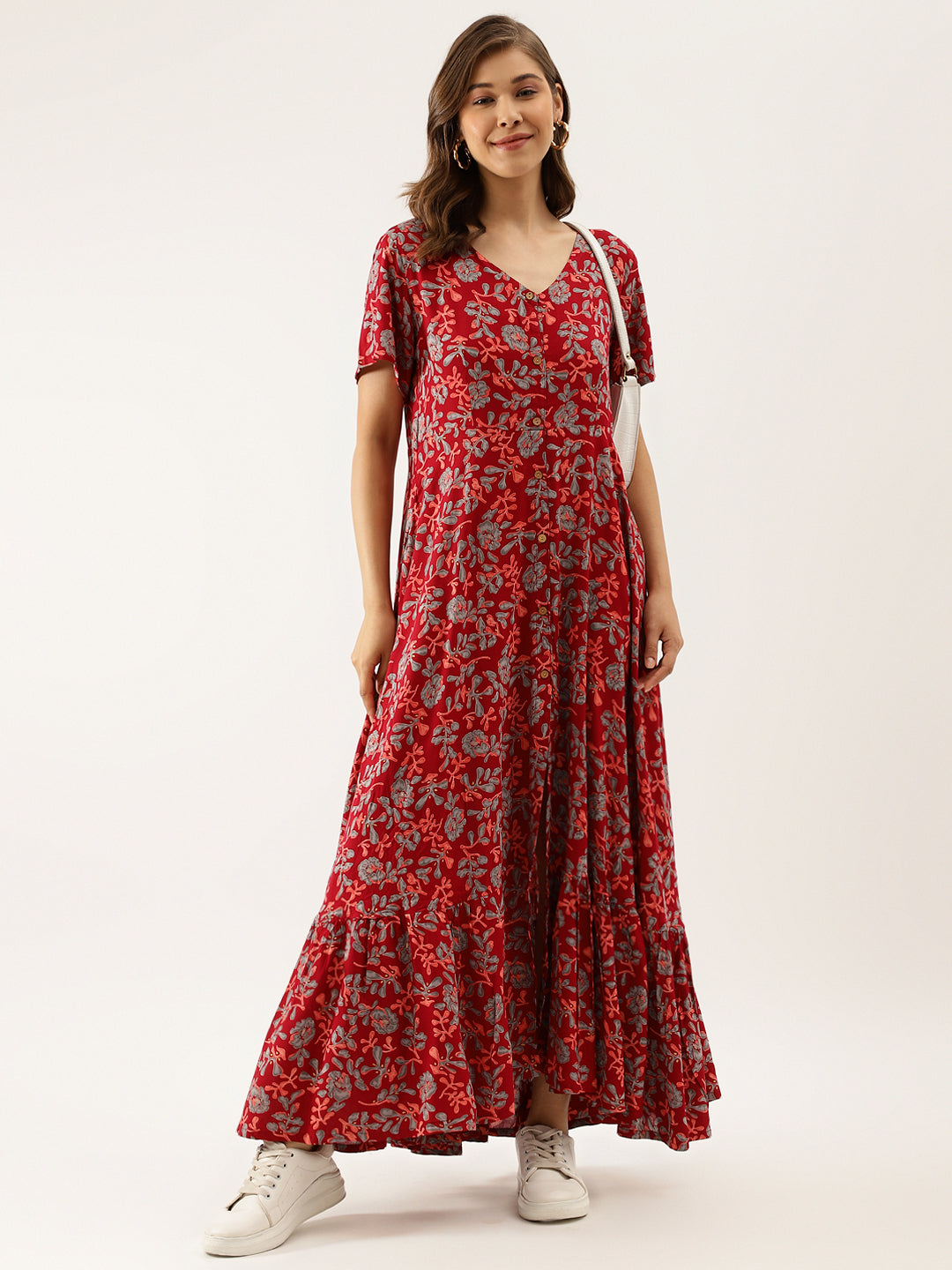 Divena Maroon Floral Printed Cotton Ethnic Dress for Women