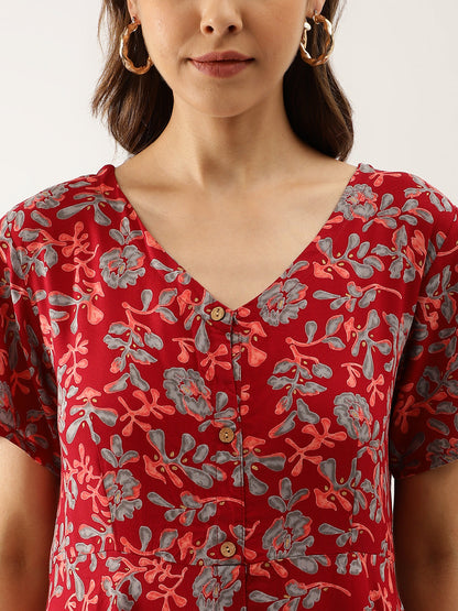 Maroon Party Wear Floral Printed Cotton Ethnic Dress for Women