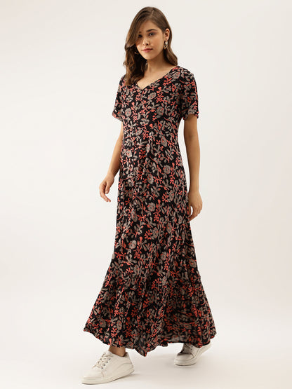 Black Multi Floral Rayon Ethnic Party Wear Dress for Women