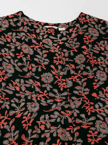 Black Multi Floral Rayon Ethnic Party Wear Dress for Women
