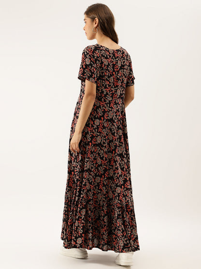 Black Multi Floral Rayon Ethnic Party Wear Dress for Women