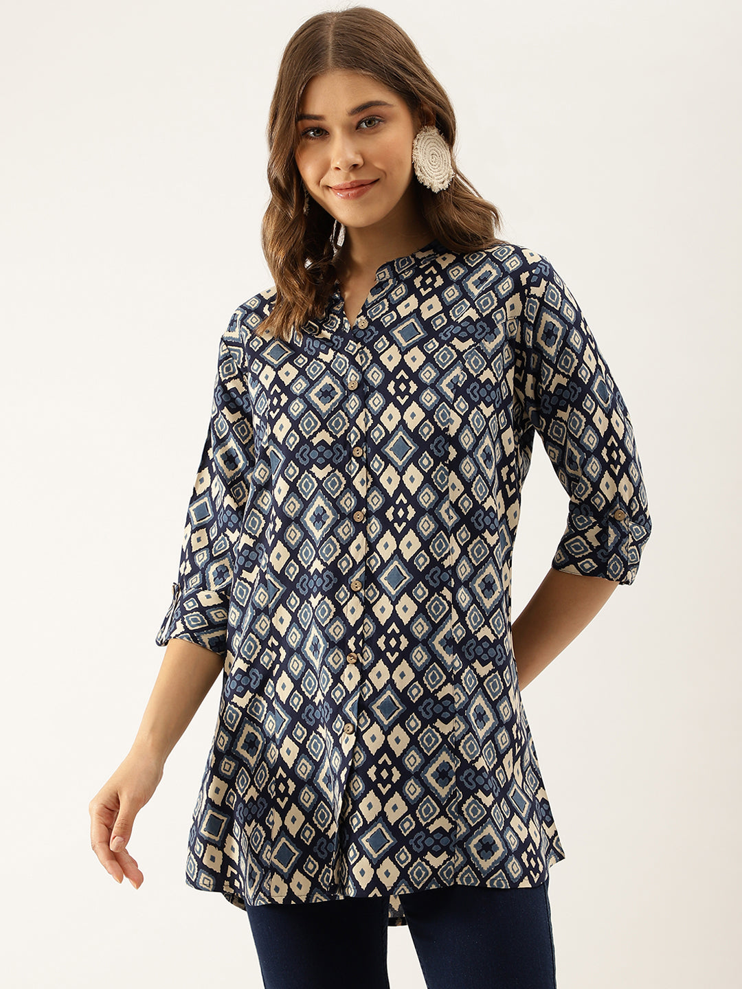 Divena Navy Blue Printed Rayon Regular Fit Top