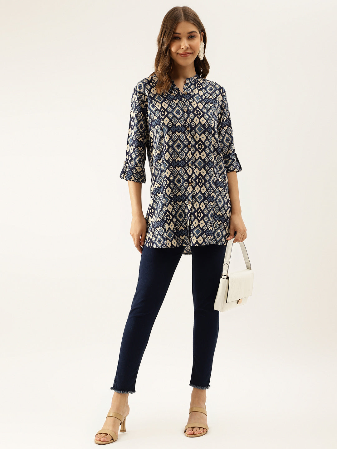 Divena Navy Blue Printed Rayon Regular Fit Top