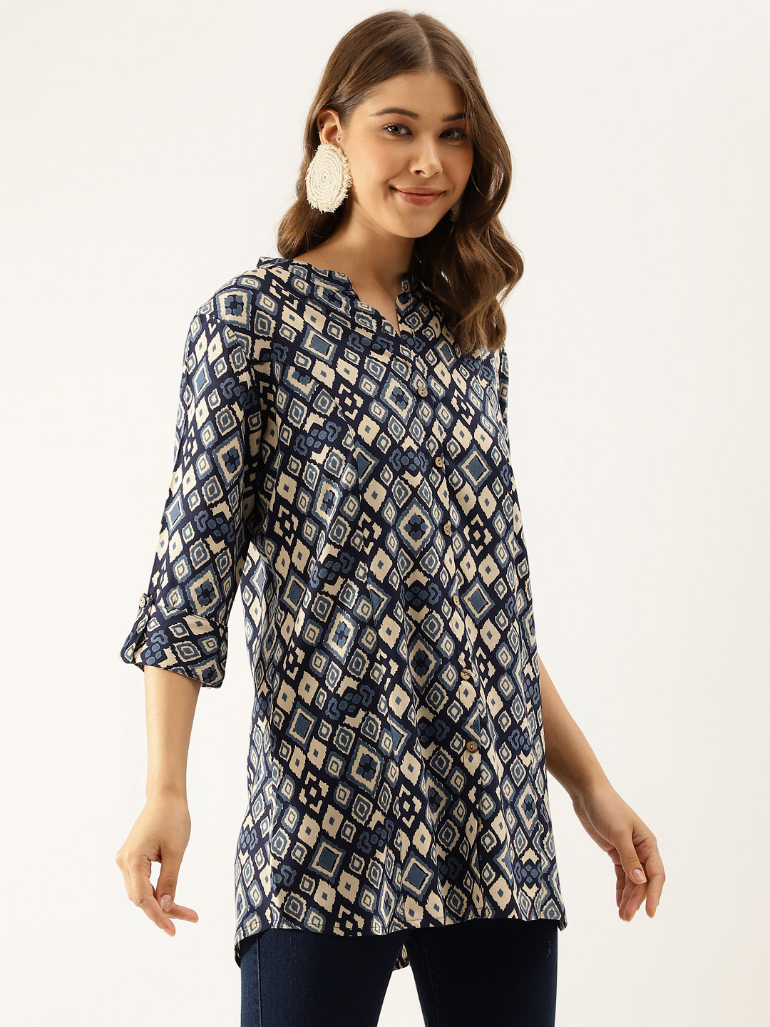 Divena Navy Blue Printed Rayon Regular Fit Top