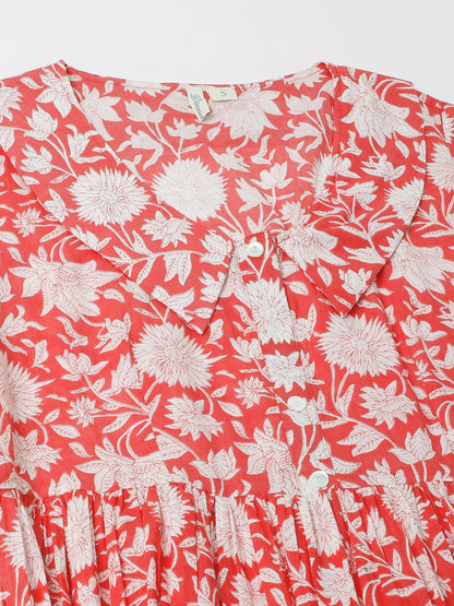 Pink Floral Printed Cotton Ethnic Party Wear Dress for Women