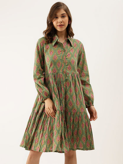 Green Paisley Printed Party Wear Cotton Dress for Women