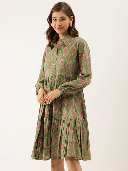 Green Paisley Printed Party Wear Cotton Dress for Women