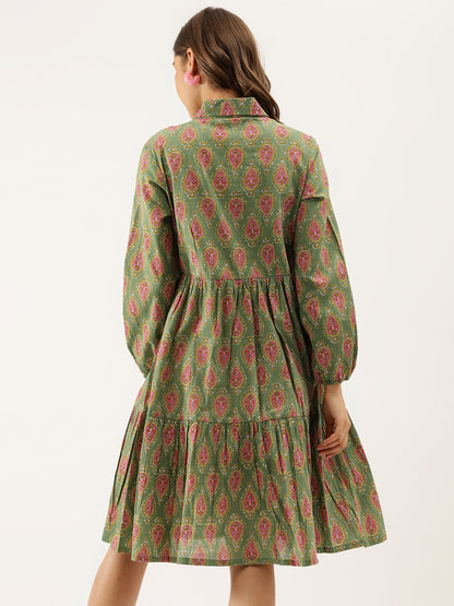 Green Paisley Printed Party Wear Cotton Dress for Women
