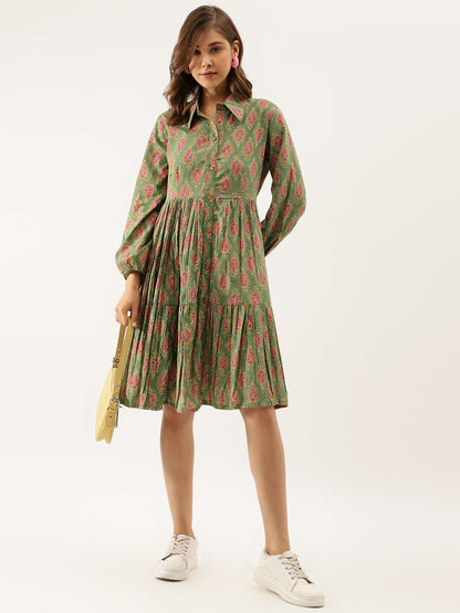 Green Paisley Printed Party Wear Cotton Dress for Women