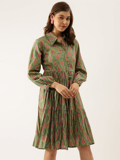 Green Paisley Printed Party Wear Cotton Dress for Women