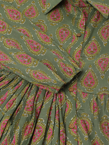 Green Paisley Printed Party Wear Cotton Dress for Women