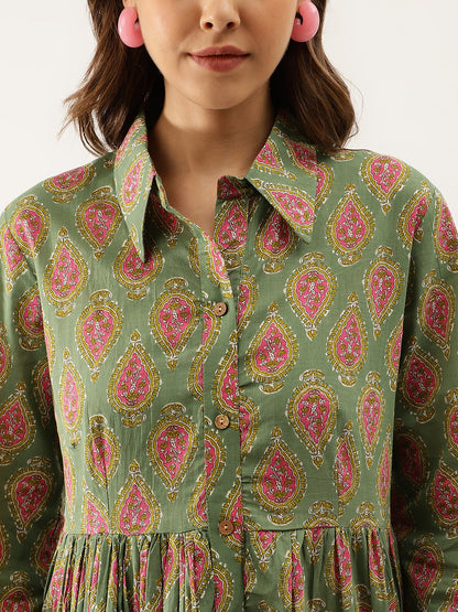 Green Paisley Printed Party Wear Cotton Dress for Women
