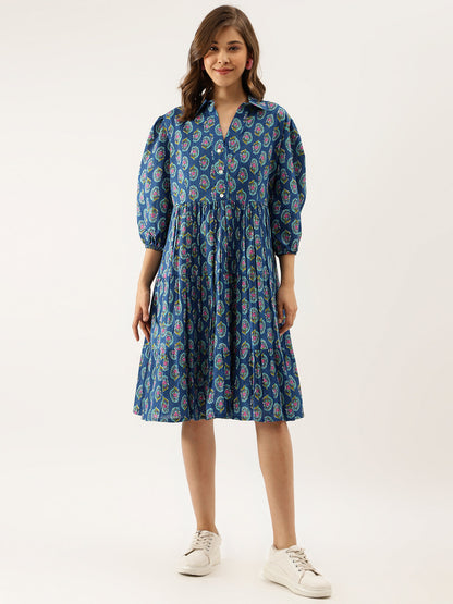 Blue Paisley Printed Cotton Party Wear Dress for Women