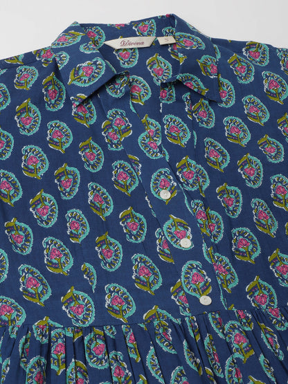 Blue Paisley Printed Cotton Party Wear Dress for Women