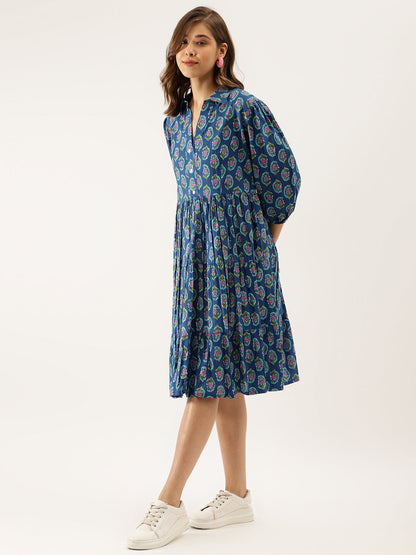 Blue Paisley Printed Cotton Party Wear Dress for Women
