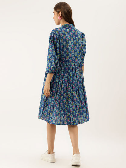 Blue Paisley Printed Cotton Party Wear Dress for Women